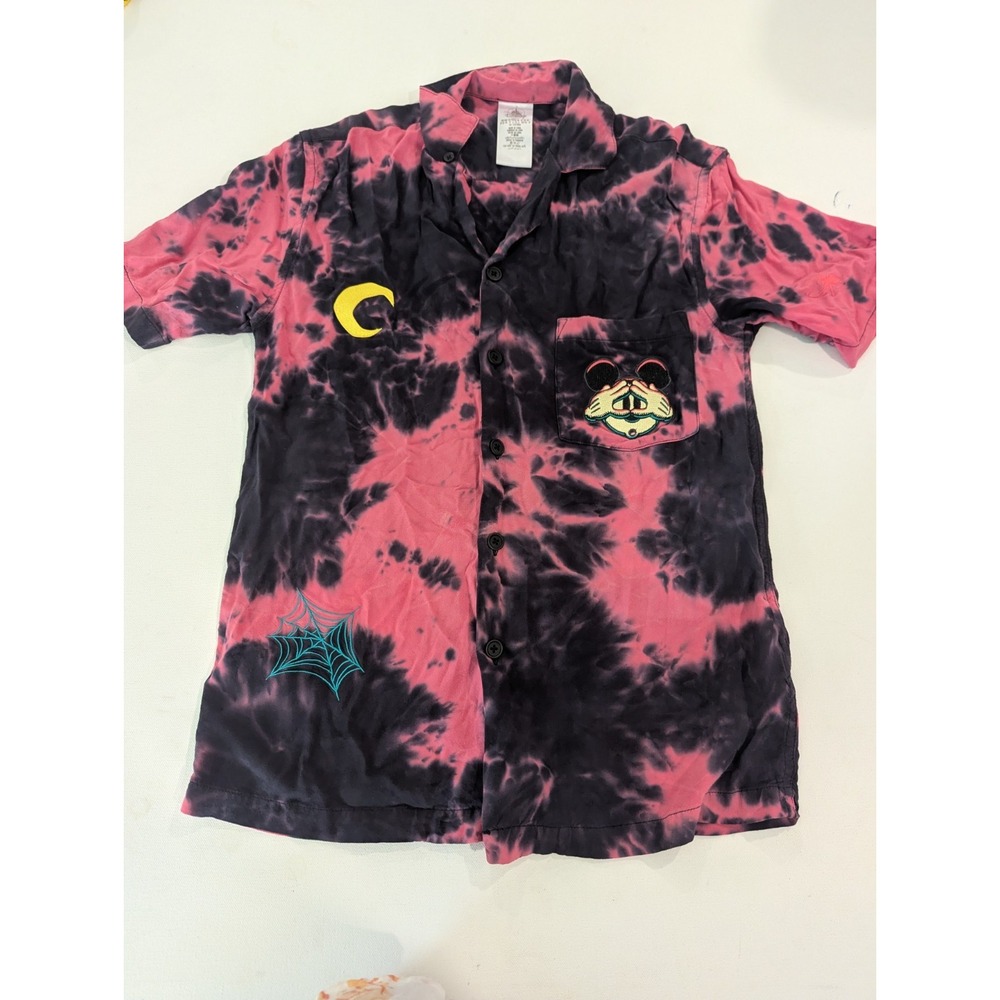 Disney Halloween Mickey Mouse Mens XS Hawaiian Button Up Shirt Tie Dye Red Black